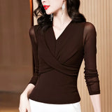 Toloer Shoot New Foreign Style Fashion Versatile V-Neck Long Sleeve Solid Color Temperament Mesh Bottom Shirt T-Shirt-Outfit