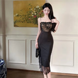Sexy Dresses Women Lace Patchwork Floral Vintage Elegant Split Sleeveless Slim Black Party Dress Ladies Temperament-Outfit