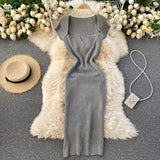 Spring Summer Dress Knitted Solid Sqaure Neck Sexy Bodycon Dresses for Women Stretch Vestidos Short Sleeve