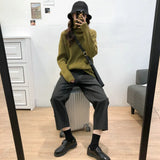 And Winter High-Collar New Thickened Pit Striped Sweater Women's Size Loose Lazy Wind Retro Thin Knitted Bottom Sweater-Outfit