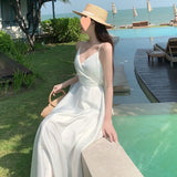 Retro Satin Sexy Super Fairy White Sling Dress Seaside Holiday Wind Dew Back Beach Dress Female Summer-Outfit