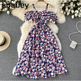 Women Casual Summer Female Fashion Strap Dress Slash Neck Korean Floral Sundress Ladies Lace Party Beach Long