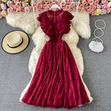 Purple/Green/Red Lace Midi Dress Women Sweet Round Neck Ruffle Vestidos Female High Waist Slim Robe Spring Autumn