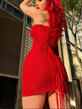 Red Sequin Strapless Bandeau Mini Dress-Outfit