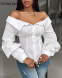 Women Chic Solid Off Shoulder Button Long Sleeves Casual Blouses Tops-Outfit