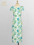 Han Queen Elegant Fashion Print Slim Office Pencil Dress Women's Korean Sheath Pencil Dresses Mid-Calf Party Bodycon Vestidos-Outfit