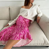 Pink Printed Satin Midi Straight Skirt-Outfit