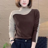 Colors Patchwork T-shirt Female Clothing Korean Asymmetrical 2023 Autumn Winter Fashion Sexy Cut Out Slim Pullovers-Outfit