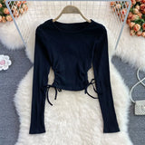 Women Fashion Korean Blouse Design Hollow Waist Long Sleeve O Neck Slim Tops Autumn Chic Streetwear Short Blouses