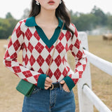 2021New Vintage Argyle Women's Sweater CHIC POLO Collar Autumn Winter Pullover Sweaters Knitted Christmas