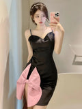 Spaghetti Strap Dresses Women Bow Beaded V Neck Split Patchwork Backless Sexy Party Dress Black Vintage Ladies Fashion-Outfit
