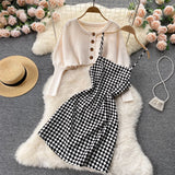 Winter Fashion Korean Set Women Long Sleeve Short Knit Cardigan+Sleeveless Plaid Strap Dresses Two Piece