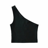Toloer Autumn / Winter Ebay Sleeveless Diagonal Shoulder Vest Female Ins Fashion Wear A Slim Open Shoulder Short Crop Top-Outfit