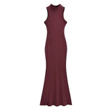 Trendy Women's Dress Is Full Of Style, Elastic, Slim, Half-High Collar, Sleeveless Vest, Long Skirt, Buttocks, Fishtail Dress-Outfit