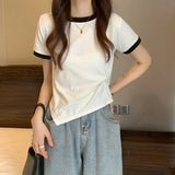 Toloer Female 2024 New Summer Design Sense Contrast Color T-Shirt Fashion Chic Irregular Short Student