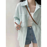 Linen Sun Protection Shirts Women Summer Loose Thin Long Sleeve Lapel Tops Korean Streetwear All-Match Buttons Blouse-Outfit
