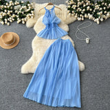 Style Suit Women's Summer French Waistless Sleeveless Hanging Neck Top High Waist Thin Half Skirt