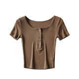 New Solid Color Four-Button Elastic Basic T-Shirt Summer Women's Short Navel-Missing Short-Sleeved Blouse-Outfit