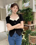 Collar Short-Sleeved T-Shirt Knitted Shirt Women's Summer New Bubble Sleeve French Collared Collarbone Knitted Blouse Korean Temperament