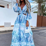 Autumn Dress Long Leaf Print V-Neck Hollow Out Long Sleeve Casual Womens Frock Traf Vestidos Para Mujer Robe Sexy