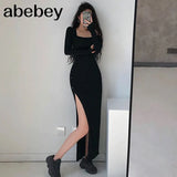 Sexy Slim Strapless Shoulder Bag Buttocks Long Sleeve Dress Autumn Womens 2022 Hot Square Collar Button