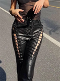 Black Faux Leather Pants with Cutout