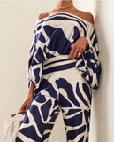 Set Chic Print Lantern Sleeve Two Piece Sets Satin Top Wide Leg Pant Suit Women Off Shoulder Long Sleeve Office Lady Outfit-Outfit