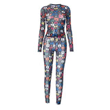 Women's Autumn And Winter Round Collar Collar Color Pattern Printing Mesh Yarn Perspective Tight
