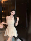 Sweet Elegant Mini Dresses Women Sleeveless Off Shoulder V Neck Slim Patchwork Backless Sexy Mini Dress Ladies Party-Outfit