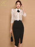 Han Queen Elegant 2024 Summer 2 Pieces Set Women Bow Lace Tops + High Waist Slit Pencil Skirts Casual Simple Office Skirt Suit-Outfit