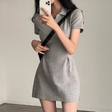 Toloer Chic Spring Retro Niche Lapel Slim Slim Pure Color Short Sleeve Short Package Hip Dress Short Skirt-Outfit