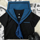 School Girl JK Uniform Skirts Suit Women Girl Bow Sailor Blouses Pleated Short Skirt Sailor Uniform JK Navy Costumes-Outfit