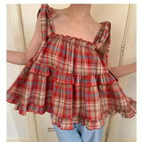 Lace Up Sleeveless Plaid Cami Top-Outfit