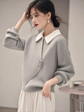 Toloer Gray Fake Two Knitted Sweater Women's Autumn And Winter Korean Atmosphere Relaxed Leisure Polo Collar