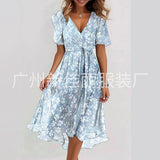New Loose Leisure Shuya V Collar Crumped Flowers New Hot Print