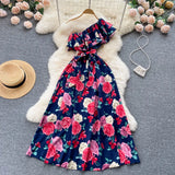 Irregular Ruffled Floral Print Dress Sashes Women Summer 2022 Vacation Slim Fashion Sexy Ladies A Line Long