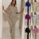 Toloer New Back Big Flounce Wrapped Chest One-Word Shoulder Dress Blingbling Wrap Buttock Slit Evening Dress-Outfit