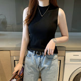 Women's Vest 2023 Spring And Summer Half-High Collar Bottomed Sweater Sleeveless Knitted Blouse With Small Sling Inside And Outside-Outfit