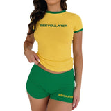 Toloer Style Hottie Contrast Color Fashion Suit Letter Print T-Shirt Tight Sports Shorts Two-Piece Set-Outfit