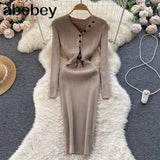 Hollow Out Women Korean Knitted Dress Long Sleeve Elastic Slim Pencil Dresses 2022 Autumn Sexy Bodycon Sweater