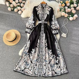 And Autumn New Holiday Wind Collar Lantern Sleeve Print Together With A Female Waist Swing A Word Over The Knee Long