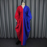 New Loose V-Neck Bat Long-Sleeved Dress 褶皱收 Waist Big Swing Fashion Party Dress
