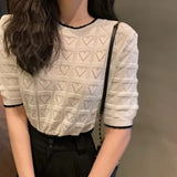 Summer New Round-Neck Color Love Knitted Blouse Women's Hollowed-Out Loose Lazy Wind Short-Sleeved T-Shirt As The Bottom-Outfit
