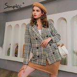 Simplee Elegant autumn winter plaid women blazer coat Causal long sleeve tweed coat short Office ladies pocket women suit