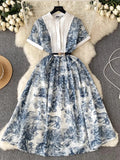Court Style High-End Short-Sleeved Printed Dress Woman Waist Design Minority Chic Super Immortal Temperament Long Dress-Outfit