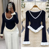Striped Knitted Shirt Autumn Lotus Side Hem Horn Sleeves Slimmed Out Of The Bottom