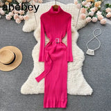 Winter Turtleneck Sexy Women Dress Autumn Long Sleeve Skinny Maxi Boydcon Casual Sweater Plush Knee-Length Party