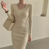 Autumn / Winter Core-Spun Yarn Knitted Long-Sleeved Dress V-Collar Slim Black Medium-Long Slit Hip Skirt-Outfit
