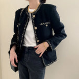 2021 Autumn Winter Tweed Coat Women Long Sleeve Single Breasted Korean Style Minimalist Ladies Jackets Elegant