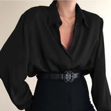 Women Button Blouses Turn Down Collar Shirts Office Lady Long Sleeve Casual Blouse Loose OL Shirt Baggy Tops Red/Wine Red /Black-Outfit